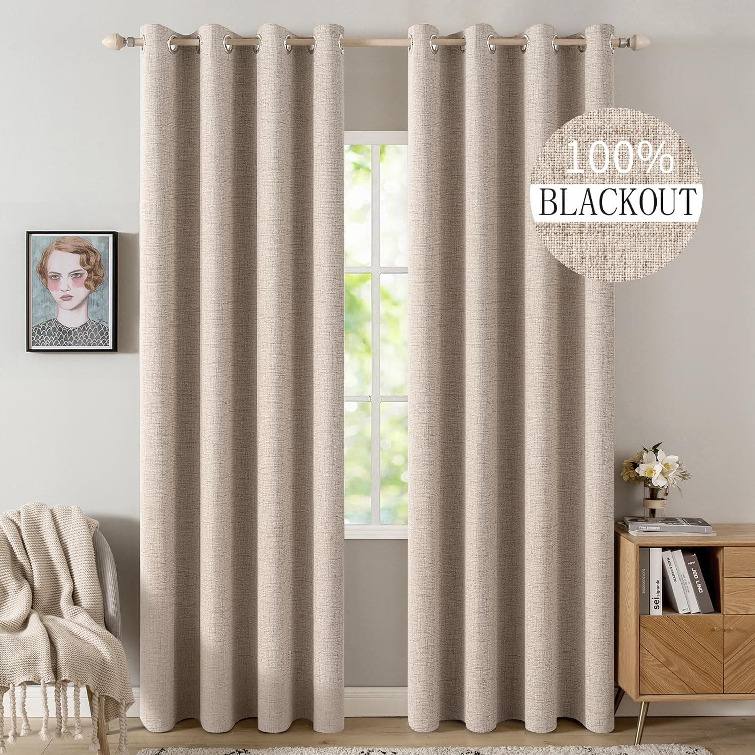 MIULEE Blackout Linen Curtains, 52 x 84 in